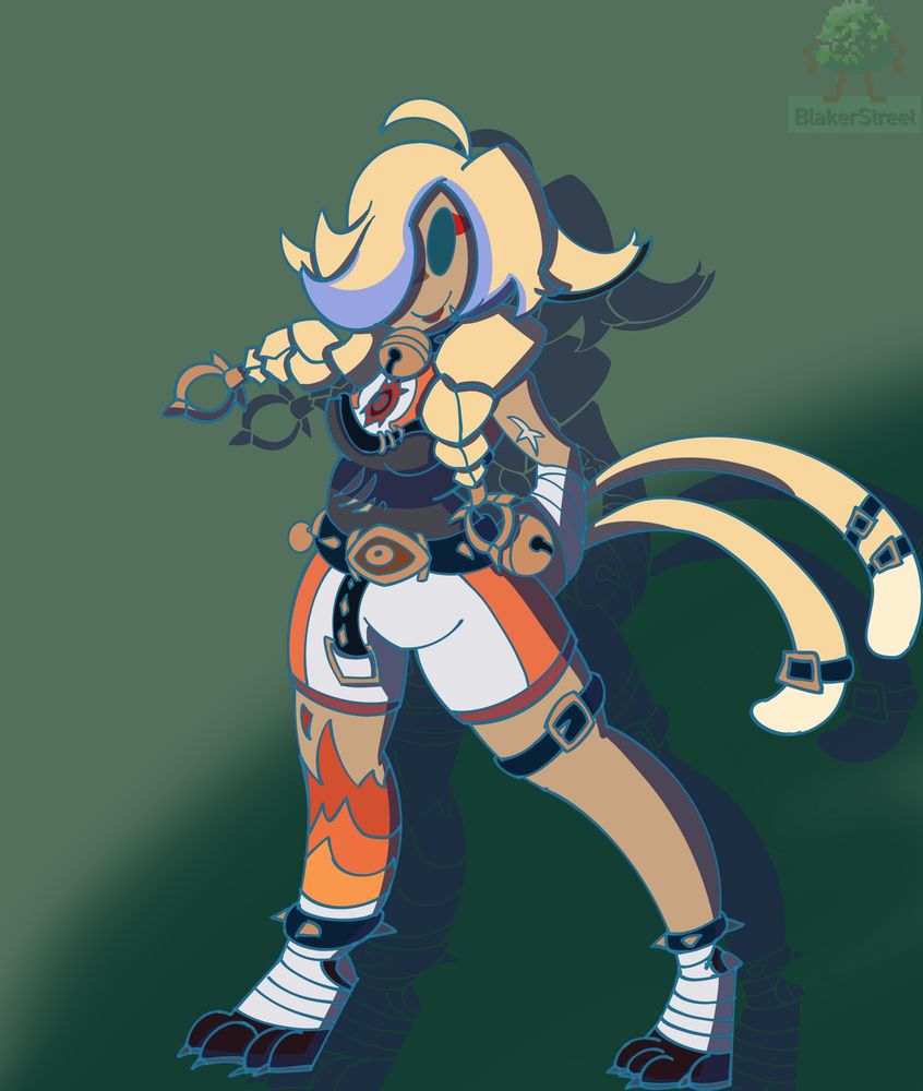 Uri is wearing an orange and white fighters outfit with wrappings and flame accents on the design. She has two tails and numerous bells and spikes for the design.