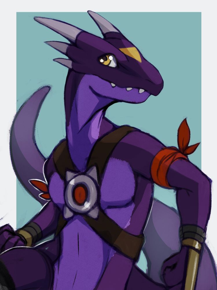 colored sketch of a purple bipedal reptile digimon with red armbands, leather straps criss-crossing their chest and meeting at a circular metal plate and have two long blades attached to their wrists. im bad at descriptions orz