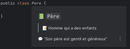 Code in the background - a public class Pere - with a Contextive hover panel showing the word Père and definition "Homme qui a des enfants" and usage example "Son père est gentil et généreux".