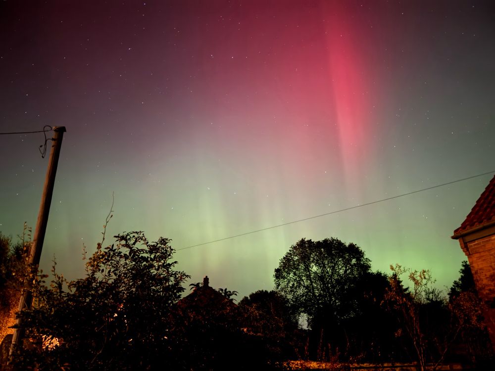 Aurora borealis in a sky over trees in the distance. The edge of a house and a telegraph pole are in the foreground.