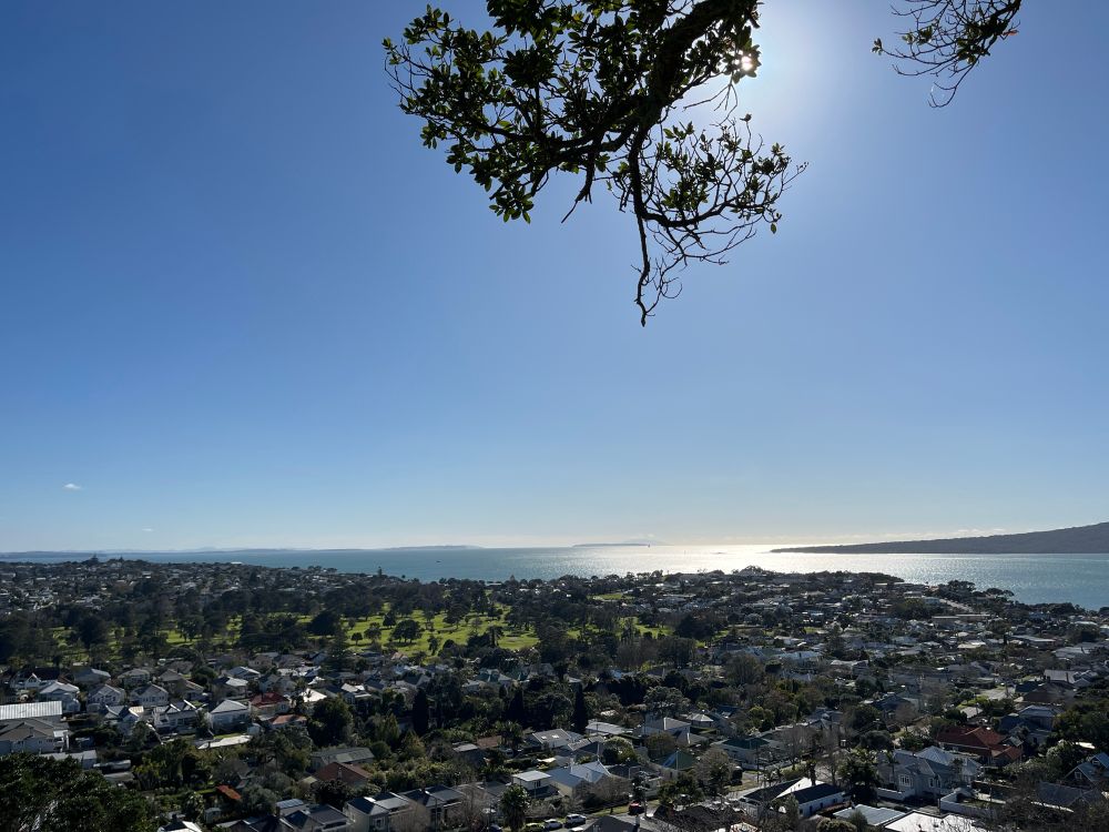 Photo of Hauraki Gulf towards Aotea taken in brilliant winter sunshine from Takarunga 