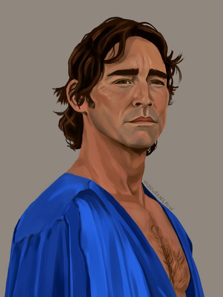 Digital portrait of Day from the tv show Foundation. It's from the chest up and character is in 3/4ths profile, looking past the viewer towards the horizon. He's clad in a blue silk robe.