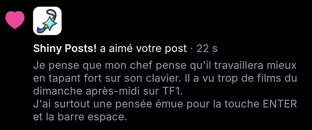 Capture d'écran de mon post d'origine, qui a été liké par le compte "Shiny Posts!"