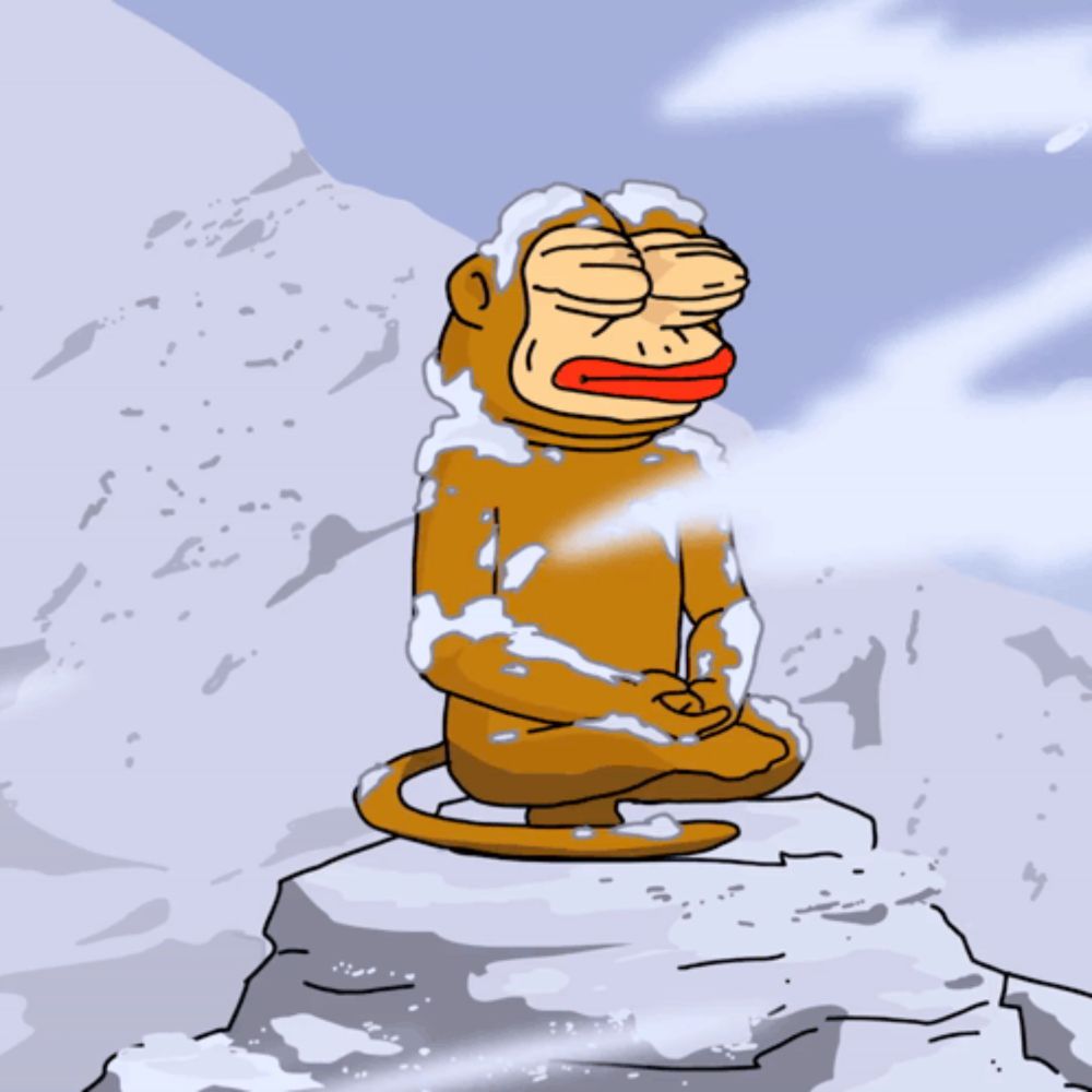 a cartoon of a monkey sitting on top of a snow covered mountain