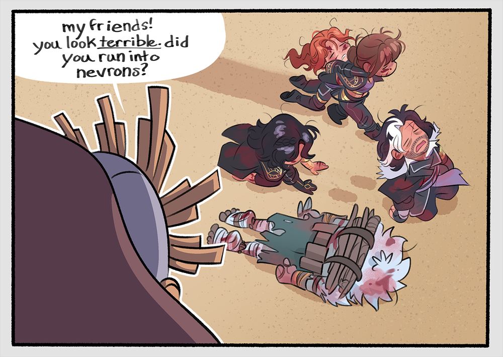 Third panel. Over the shoulder shot of the Expeditioners arriving on the beach. They are exhausted and injured. In the foreground, Esquie addresses them. His word balloon text reads: my friends! you look terrible. did you run into nevrons?