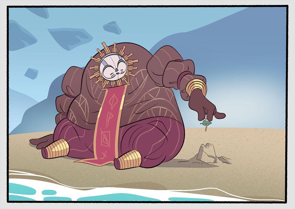 First panel of a Clair Obscur: Expedition 33 fancomic. Esquie sits on a beach, preparing to put a tiny flag in a sandcastle.
