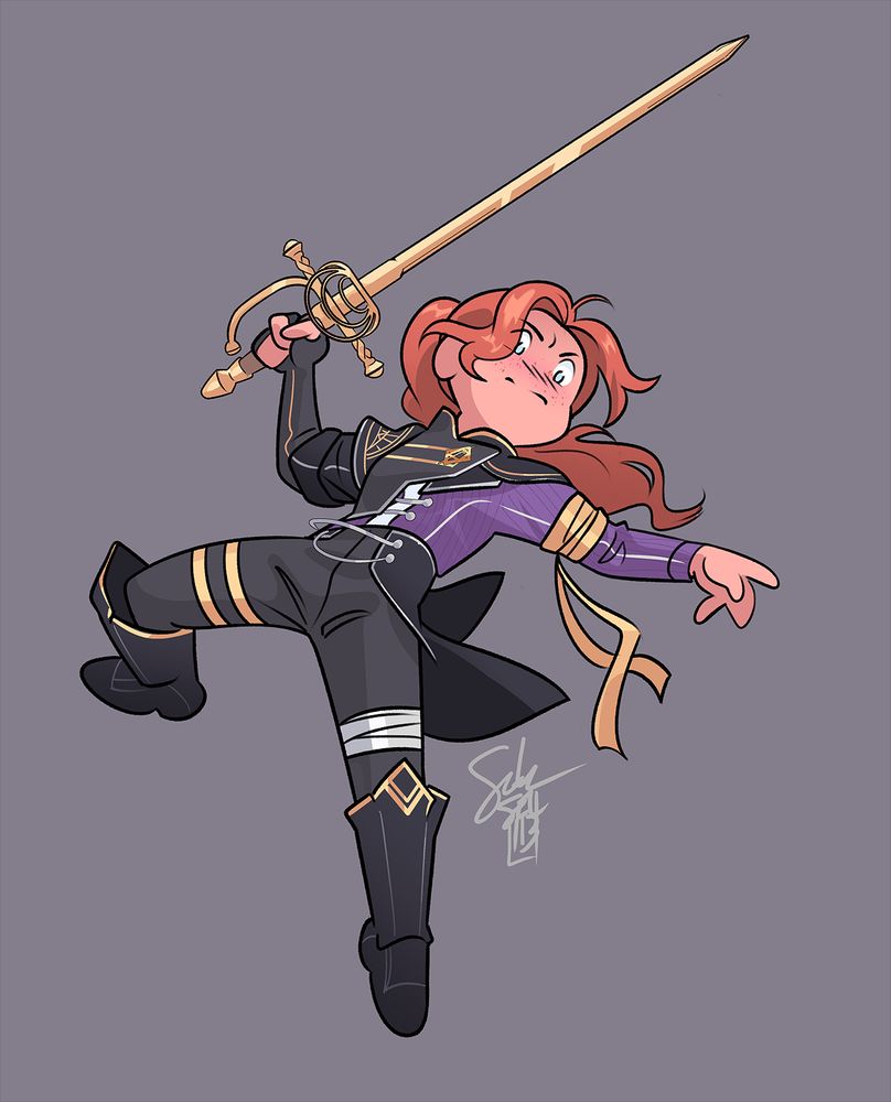 Stylized drawing of Maelle from Clair Obscur: Expedition 33. Her leaping pose is based on the animation for the 'Sword Ballet' attack.