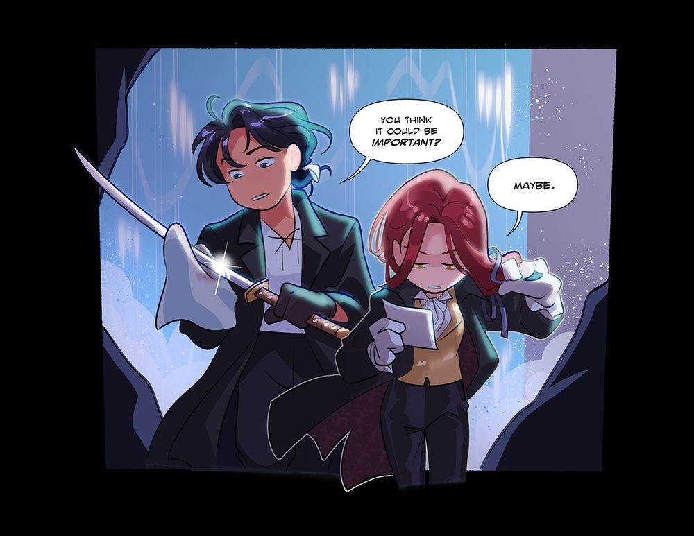 Kieran White and Lauren Sinclair from the Purple Hyacinth webtoon, walking side by side. They're standing in front of a cave/waterfall background. Kieran is wiping the blade of his sword with a cloth, while Lauren is removing a hair tie and looking at a photograph she's holding. Kieran's word balloon reads: You think it could be important? Lauren's response reads: Maybe. 