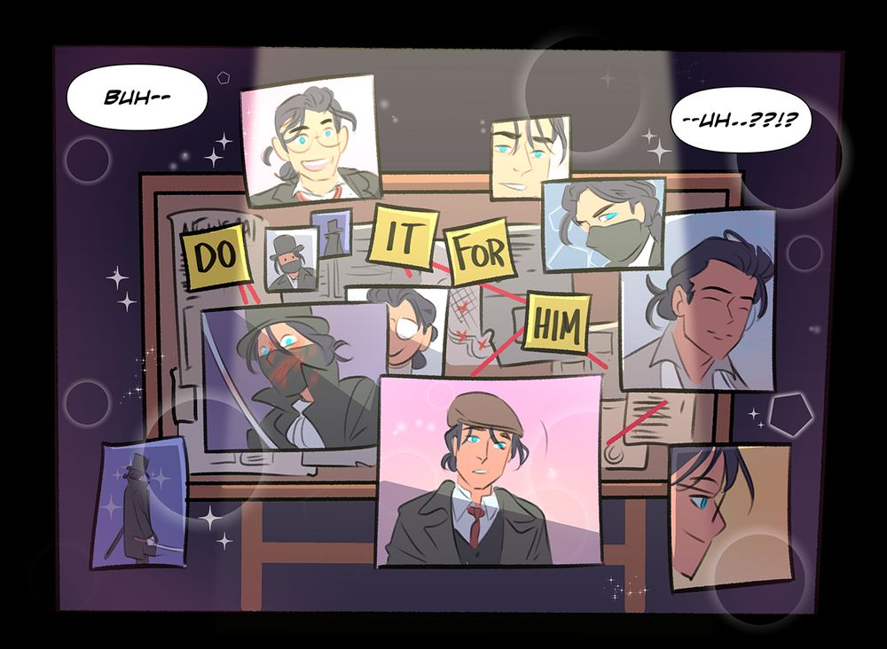 A cork board covered in clippings and papers; a spotlight shines overhead highlighting a number of photographs of Kieran prominently displayed on top of the clippings. Post it notes stuck to the board read: DO IT FOR HIM. Lauren's word balloons read: Buh--  --uh..?!??!?