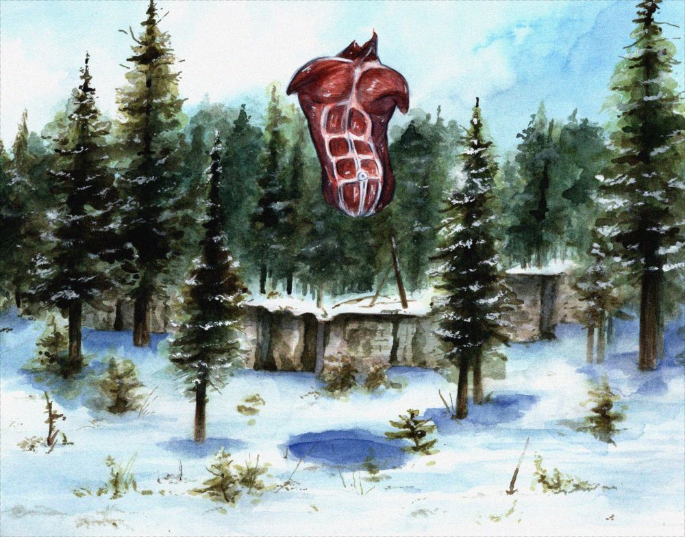 watercolor illustration. a large, skinless human torso floats above a snowy taiga scene. behind the torso, conifers rise over a small cliff and fade into the distance.