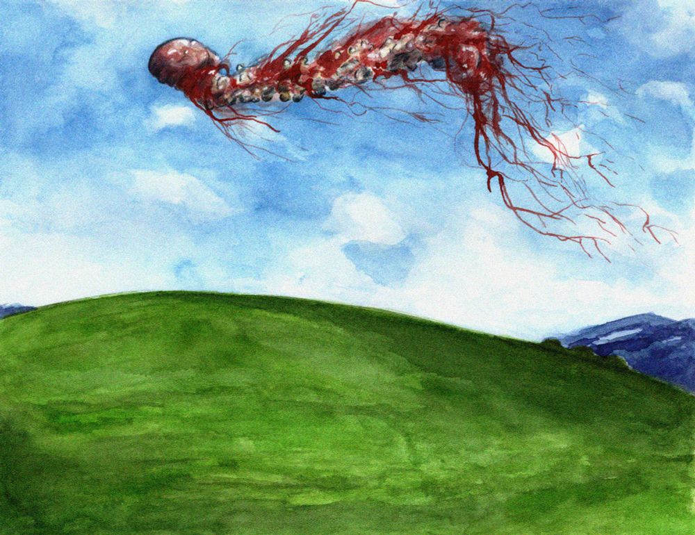 watercolor painting depicting a large floating human brain and spinal column gliding across the windows xp default desktop background (a rolling green hill beneath a blue sky with white clouds, mountains in the distance), trailing nerves.