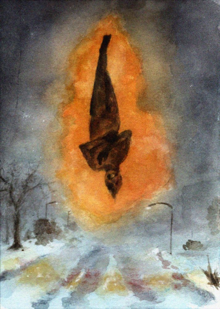 watercolor illustration. a charred corpse hangs upside down in the air, on fire, above a snowy street. its lips are drawn back into a death grimace, its arms folded over its chest, and its legs crossed at the ankles. the fire starts to melt the snow below. a few streetlights, trees, and houses are vaguely visible before fading into the snowy distance. it doesn't say so in the image, but it is 4:09 am.
