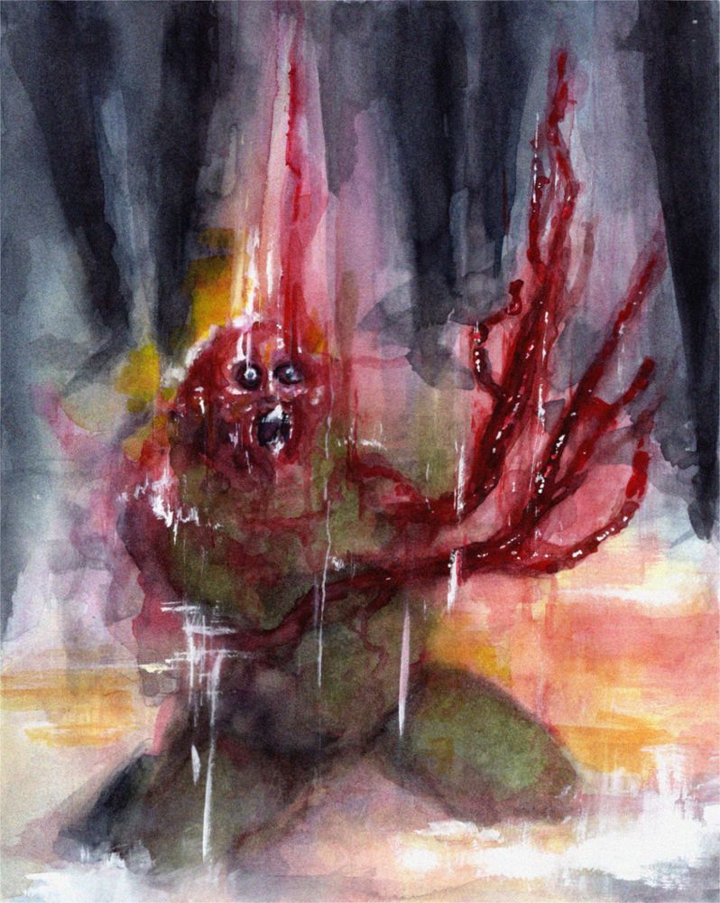 abstracted watercolor illustration of bennings' transformation scene from 1982's "the thing." the man kneels on the ground in the snow, the other characters' silhouettes encircling him, as his hands branch off into long red growths.