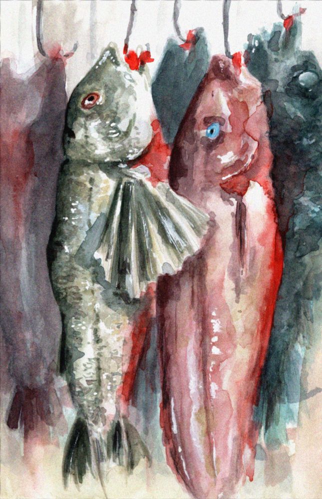 watercolor illustration of several dead bloody fish hanging by hooks in their mouths.