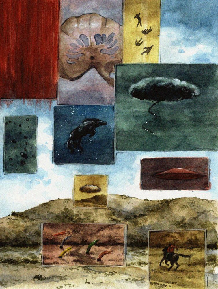 watercolor illustration showing several scenes from NOPE (2022) suspended in differently-colored blocks above a hilly desert landscape. OJ rides on his horse; wiggle-dancers wave in the breeze; a cloud repeats itself in the sky; it rains blood and debris; people shoot upwards; a horse twists in the air; jean jacket unfurls herself.