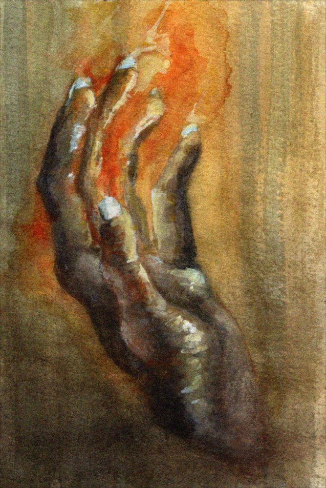 watercolor and gouache illustration of a hand of glory. a desiccated left hand with pale blue fingernails sits upright, fingertips burning.