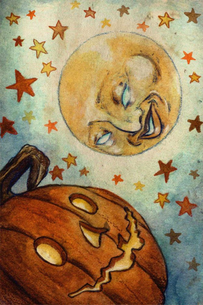 watercolor illustration. a grinning jack-o-lantern looks upward at a lovingly smiling full moon. the background is washed-out grey-blue with loosely drawn orange and yellow stars.
