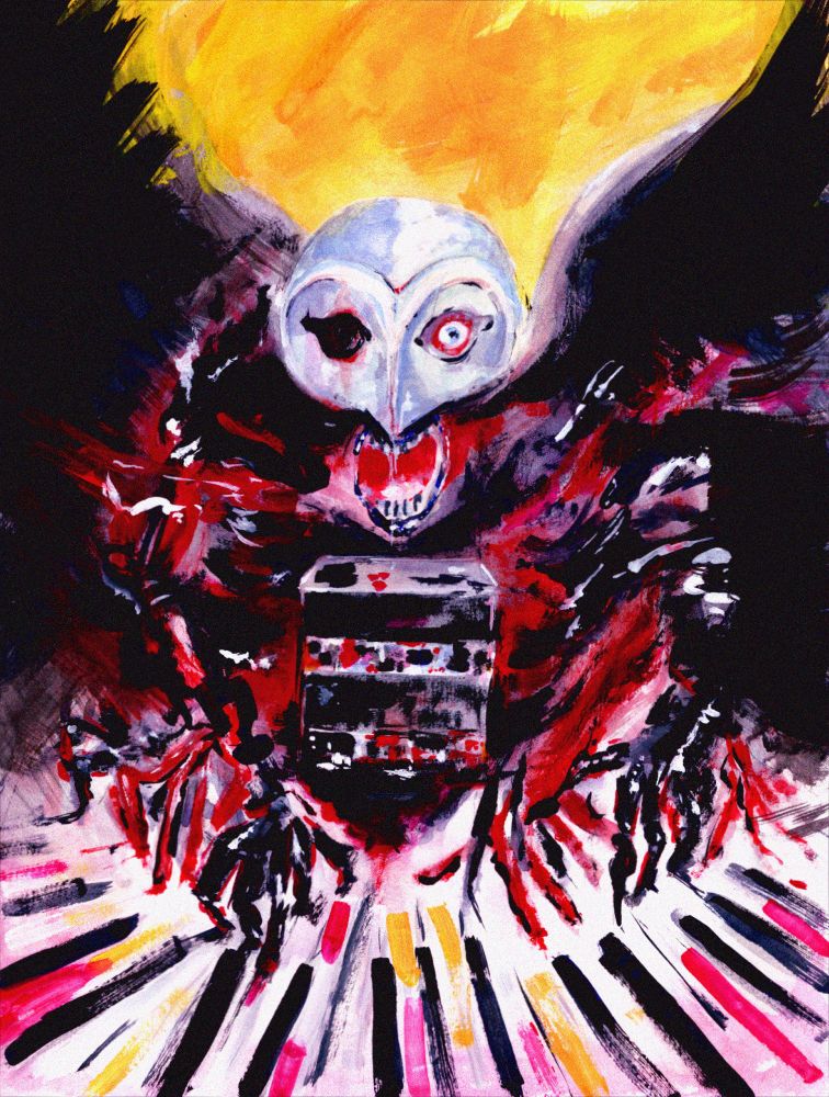 watercolor and gouache illustration of the phantom of the paradise (winslow leech) from the movie of the same name, screaming as his hands move across a distorted piano in front of a wall of fire.
