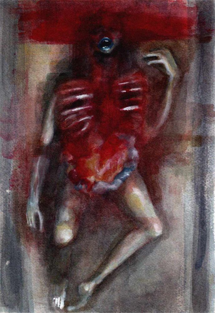 watercolor illustration of an autopsied corpse with indistinct anatomy and a series of broad horizontal red strokes across the top of its face. its blue lips are gaping.