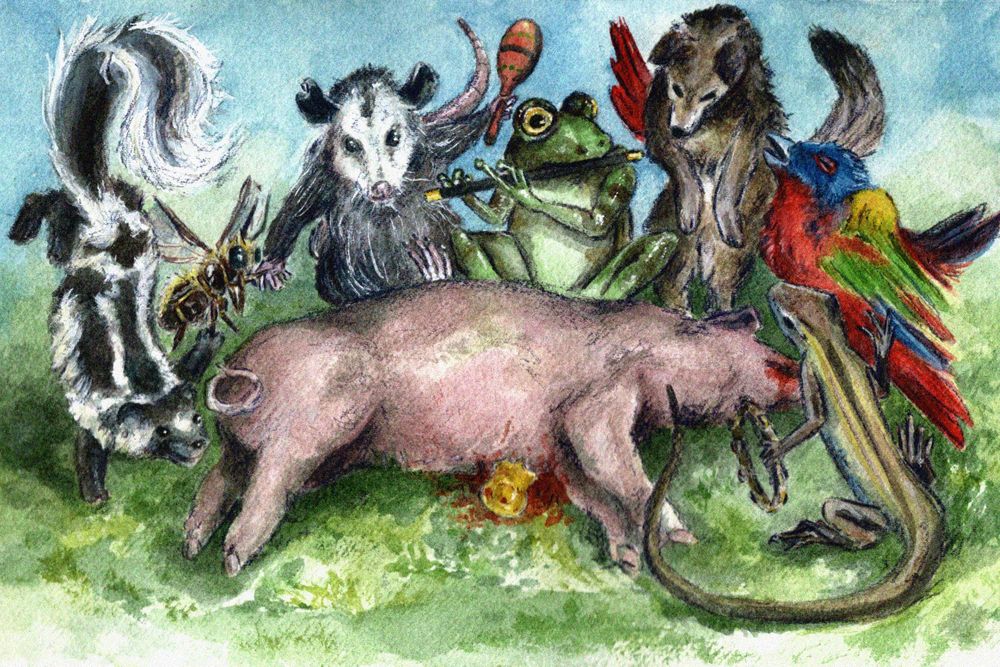watercolor illustration. a half-circle of animals are dancing around a dead pig cop. from left to right: an eastern spotted skunk, a leafcutter bee, a virginia opossum with a maraca, a southern leopard frog playing a fife, a coyote, a painted bunting, and a prairie racerunner with a tambourine.