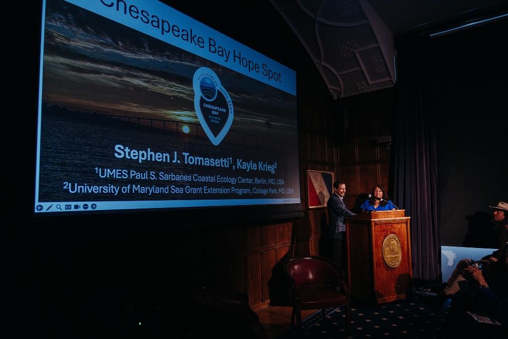 Kayle Krieg and Stephen Tomasetti (director of UMES Paul S. Sarbanes Coastal Ecology Center) speaking during launch event