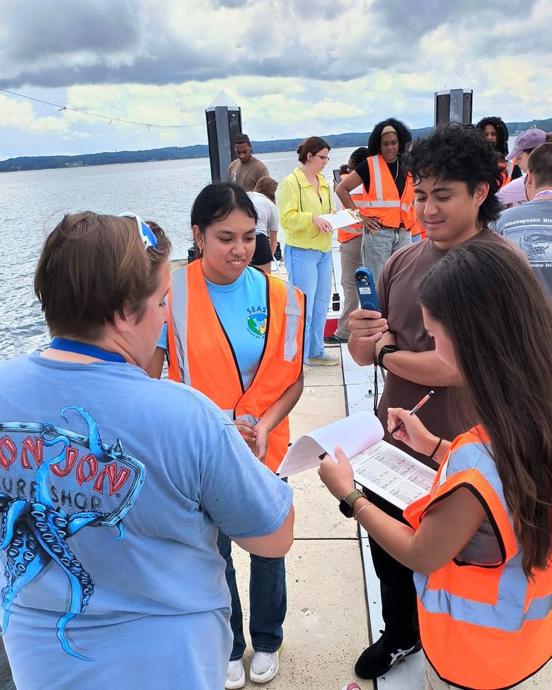A group of students standing on a pier record water quality measurements on a clip board