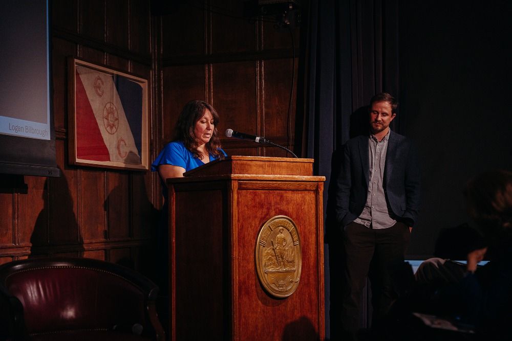Kayle Krieg and Stephen Tomasetti (director of UMES Paul S. Sarbanes Coastal Ecology Center) speaking during launch event