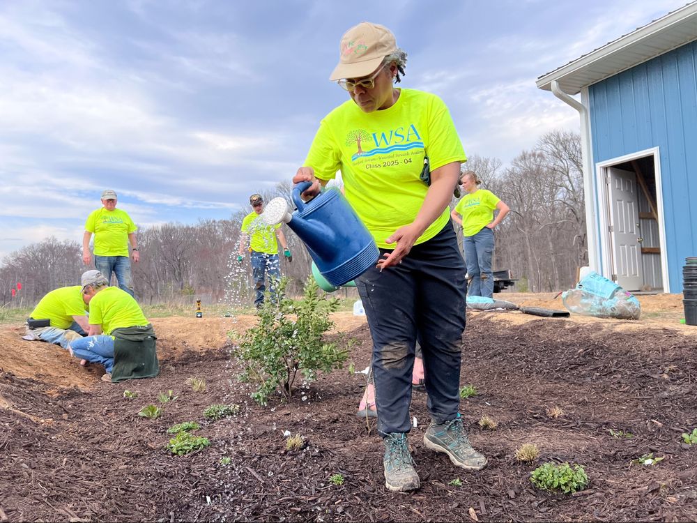 A person in a neon yellow shirt, jeans, and a cap waters a newly installed rain garden
