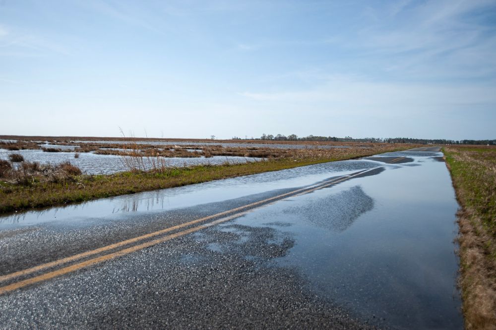 A flooded stretch of road in an open, grassy area in Dorchester County, Maryland