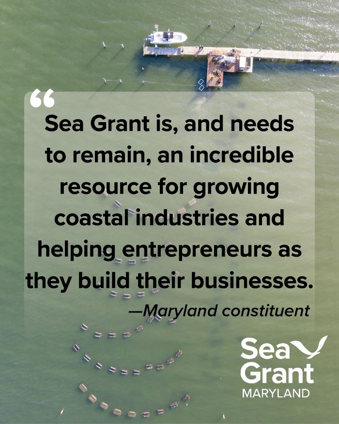An aerial photo of a pier sticking out into the water with a boat and floating oyster farming cages nearby. Text over the photo says "Sea Grant is, and needs to remain, an incredible resource for growing coastal industries and helping entrepreneurs as they build their businesses. - Maryland constituent"