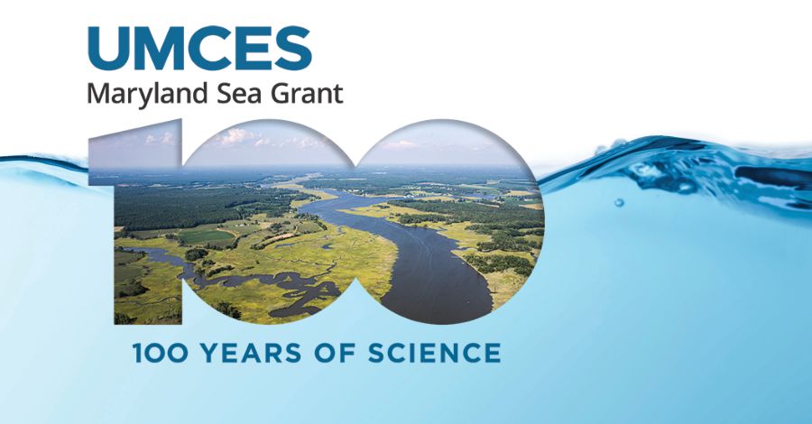 The UMCES centennial logo overlayed on a photo of water