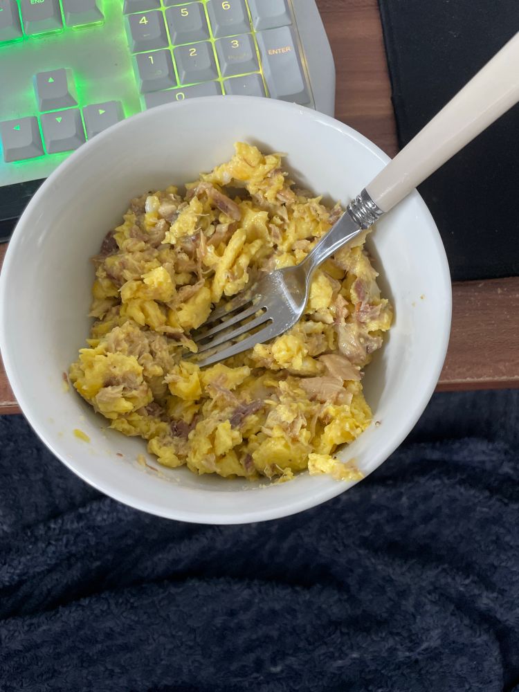 A top down view of a bowl of food, that suspiciously looks a lot like some wet cat food 