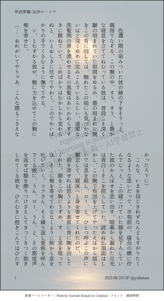 Unauthorized use, 
reproduction, 
or AI learning is prohibited. 
無断使用・無断転載・AI学習禁止



　色濃い隈の染みついた彼の瞼の下をそうっと、親指でなぞる。この腕の中、すう、すう、と静かな寝息を立ててねむっている彼は、普段こそ深く皺の刻まれていた眉間をゆるめ、墨の刻まれた腕をこの背に回しては、触れたこの指にも気づかないほど深くゆめに沈みこんでいるらしい。清潔な洗髪剤の香を漂わせるその黒髪はあいかわらずすきに跳ねていて、こればかりはむかしから変わらぬと、いとおしさに任せてやわく、このでかいばかりの手でくるむように撫でてやる。
　ン、とむずかる彼が、腕に力を込めてこの胸に頬を寄せた。
（……おれがいてやりゃあ、こんな隈もこさえなかったろうに）
　こんな、いまを信じきれずなんどもすがりたくなるような思いだって。半刻前の、寝台の横に佇んでじっと、この寝こけていた顔を見下ろしていた彼のかんばせを思い出す。暗幕から漏れた月光は青白くそこを照らしていた。読めぬ仏頂面はしかし、この腕で布団を上げてやったそばから揺らいでは息を殺し、ロー、と、ひとつ呼ぶこの声に観念して、寝床へと身を寄せてくれたのだ。
　抱き寄せれば思うよりも素直に背に腕を回してくれた。顔をこの胸にうずめ、す、と息を吸っては、そこに頬を寄せてわななくように肺から息を吐いていく。コラさん、そう繰り返し愛称を呼んでくる彼に、うん、ロー、うん、と、その都度声を返せば額を擦りつけさえしてきつくきつく抱きしめてくる彼を、ひたむきに抱きこんではひたす