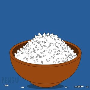 a penguin holding a fork and spoon in a bowl of rice