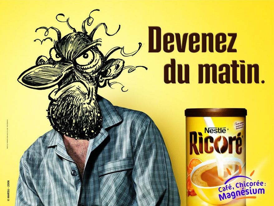 Pub Ricoré sur fond jaune. On voit un homme en pyjama dont le visage bougon est dessiné avec des traits très marqués et les cheveux hirsutes. Au dessus du pot de Ricoré, on y lit le slogan "devenez du matin".