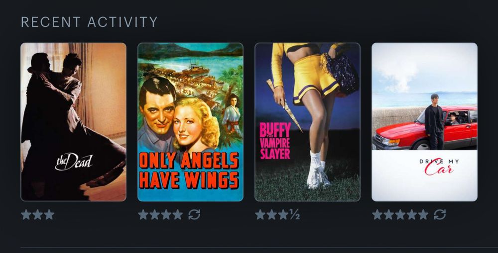 Recent Activity list on Letterboxd:
THE DEAD, ONLY ANGELS HAVE WINGS, BUFFY THE VAMPIRE SLAYER, 
DRIVE MY CAR