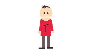 a poorly drawn figure with cream colored face and black hair; brown pants, and a Red shirt with “T” on it: Terrance from South Park