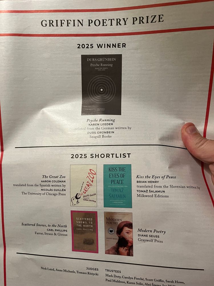 A magazine ad for the winner and finalists of the 2025 Griffin Poetry Prize