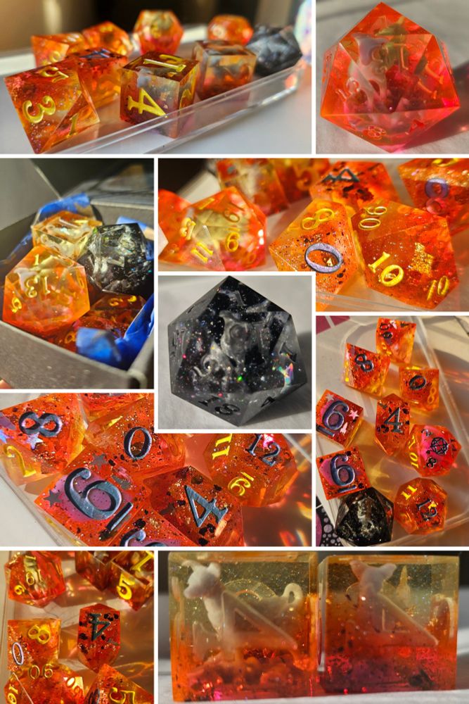 A collage picture set of resin dice; 
The set has 2 D20s and 2 D6s, all 4 of which have a tiny resin statue of Laika, which uses her original statue monument in Russia for the design. Her ears are perked, her tail is upright and curled. She is posed looking forward, bright and happy as a dog can be.
The colors of the dice are bright incredible oranges, a dash of pink hiding under the orange, and majorily pale yellows that are swallowed up until you get a look from the side; a small number of glitter sparkles in silver of stars and a few spaceships; one D20 is black instead of orange to simulate the deep depths of the night sky, multicolored tiny silver glitter refracts the light in a rainbow of colors; the dice are inked in 3 colors, the high numbers in a blue that shimmers slightly purple when light hits it, the other two colors are yellows that have a shimmer when light refracts, one is a yellow to purple/white, the other is a yellow to red. 