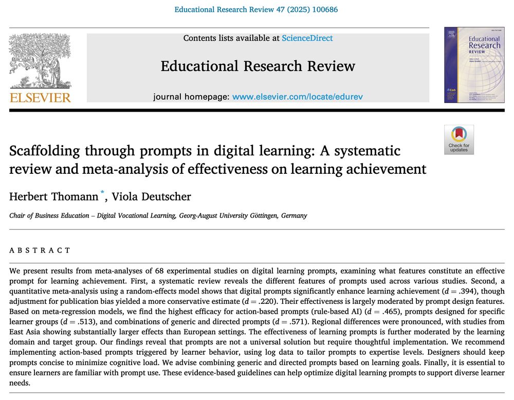 Screenshot of title page of an article published in Educational Research Review titled "Scaffolding through prompts in digital learning: A systematic review and meta-analysis of effectiveness on learning achievement."