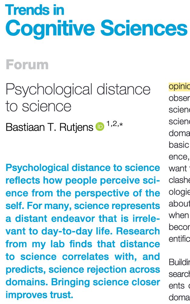 Screenshot of title and abstract of article published in Trends in Cognitive Sciences titled "Psychological distance to science."