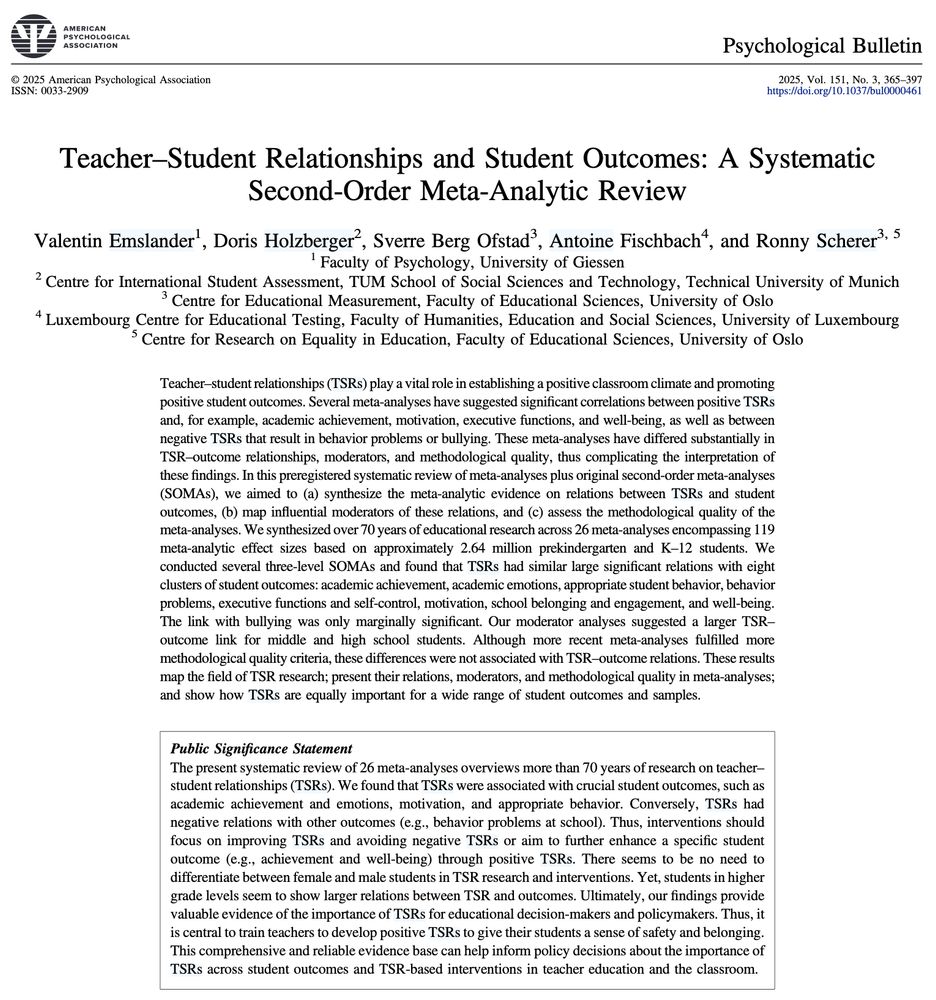 Screenshot of article published in Psychological Bulletin titled "Teacher–Student Relationships and Student Outcomes: A Systematic Second-Order Meta-Analytic Review"