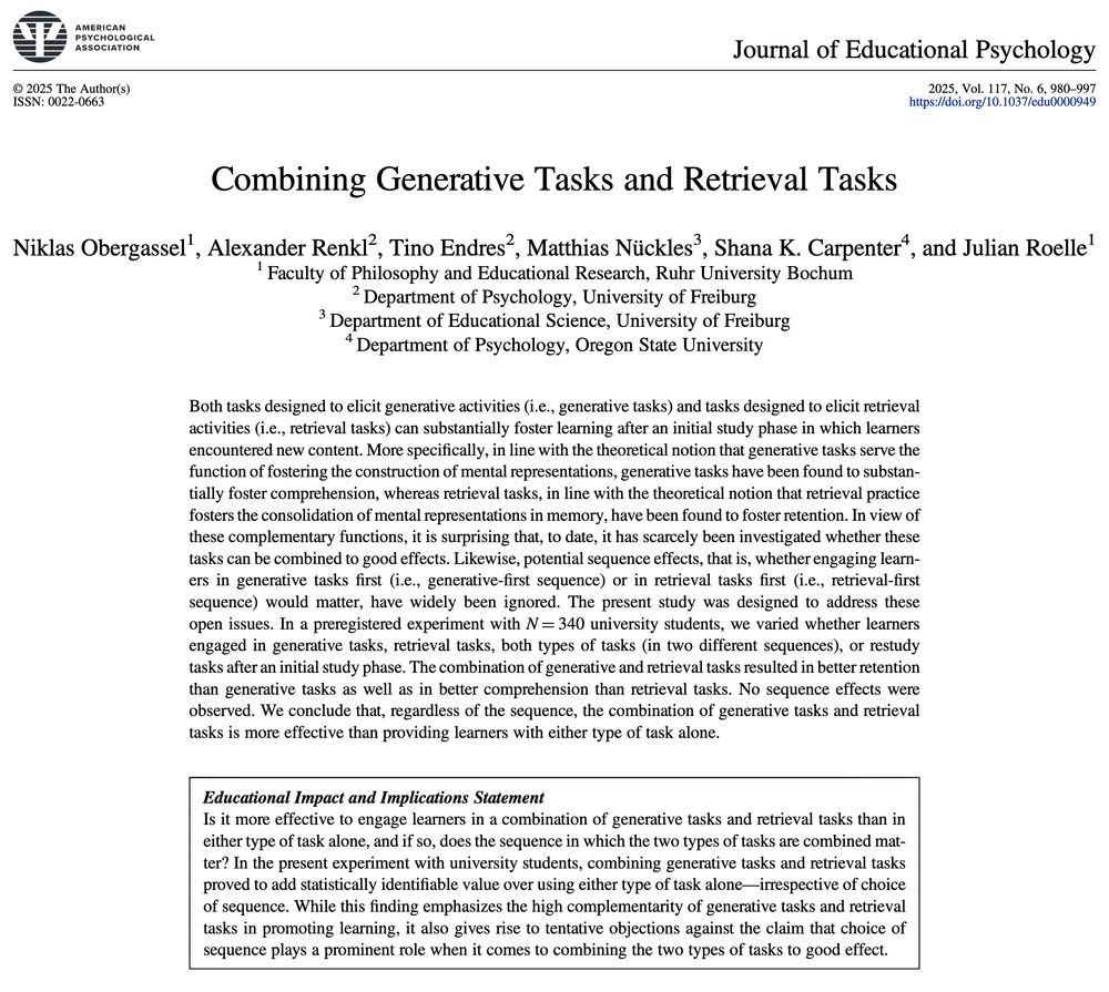 Screenshot of title page of an article published in the Journal of Educational Psychology titled: "Combining Generative Tasks and Retrieval Tasks."