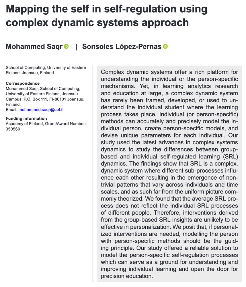 Screenshot of the title page of an article published in British Journal of Educational Technology titled "Mapping the self in self-regulation using  complex dynamic systems approach"