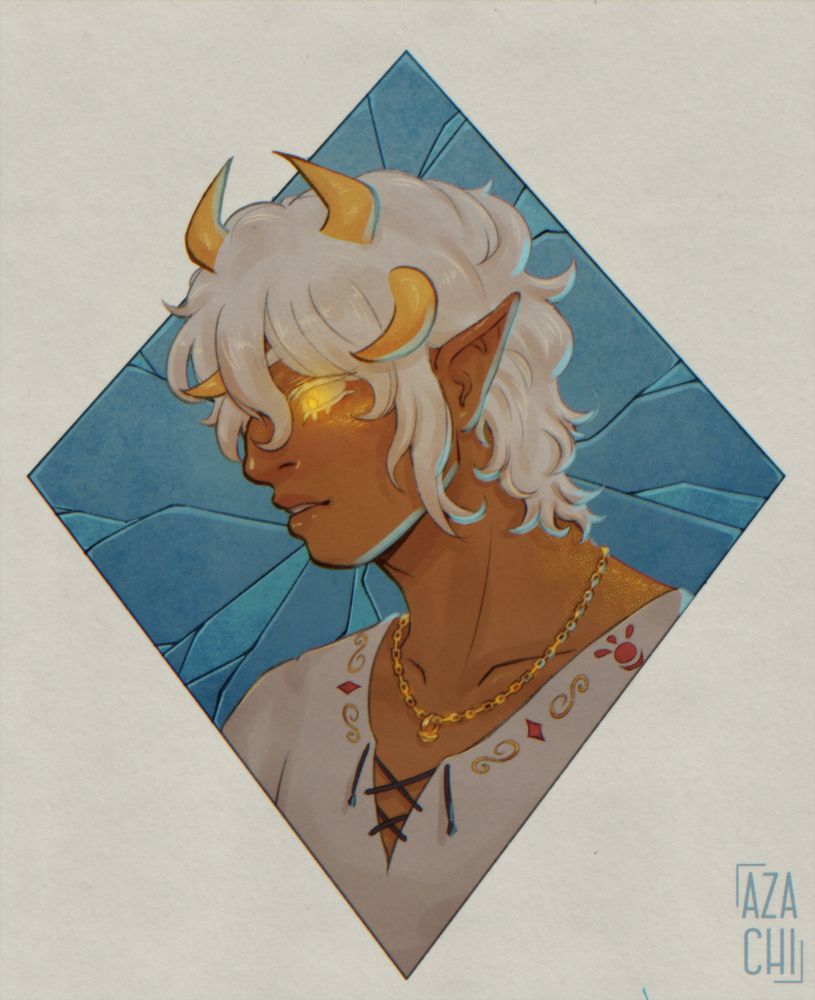 artwork of Quatt's oc Ze'ev in a profile view with a rhombus frame of broken glass behind him
