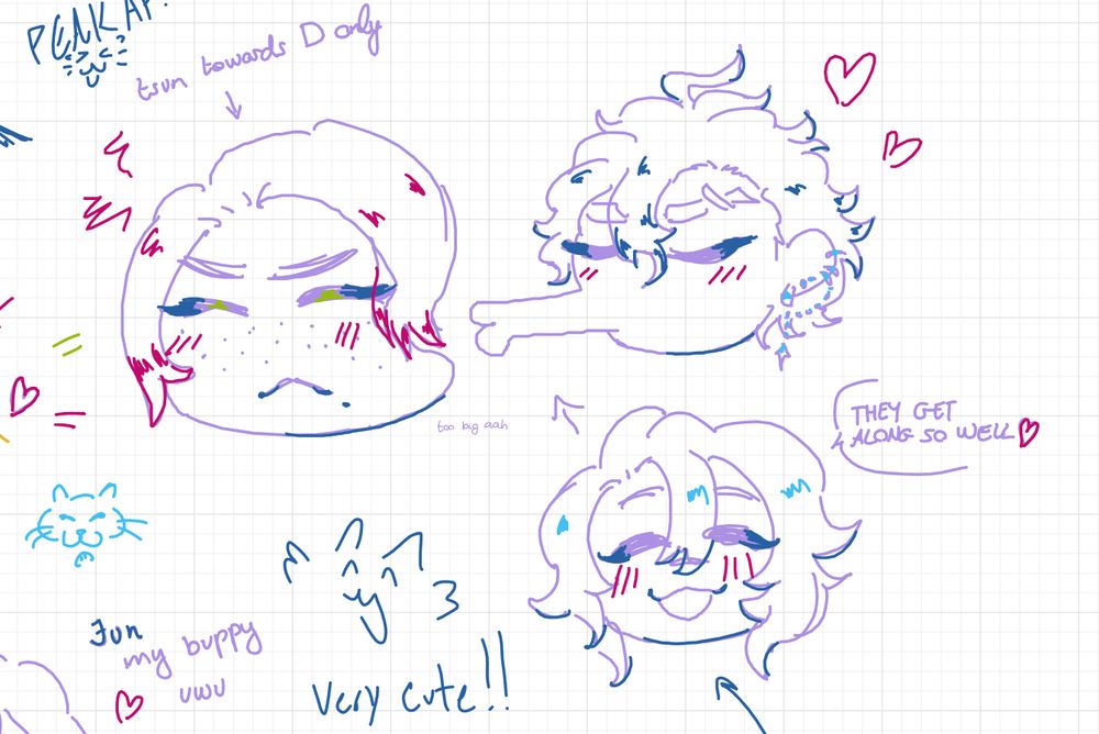 whiteboard doodle of chibi Yamato, D and Jun, D is trying to kiss Yamato who is turning away, Jun looks on saying they get along so well