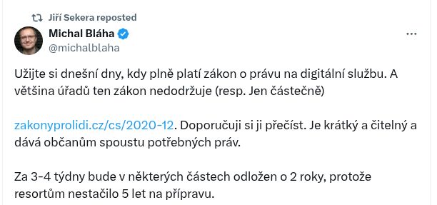 Text příspěvku Michala Bláhy na síti X.com
