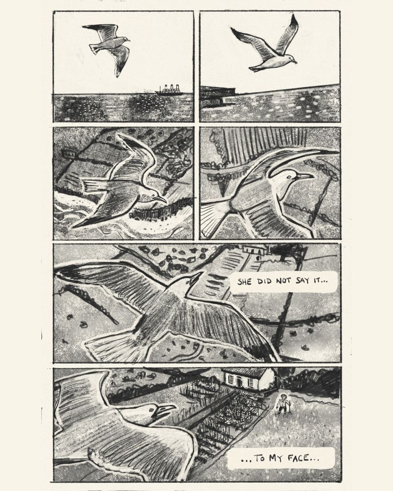 A comic page with 6 panels featuring a bird flying over sea and then country side. Text reads "She did not say it... to my face..."