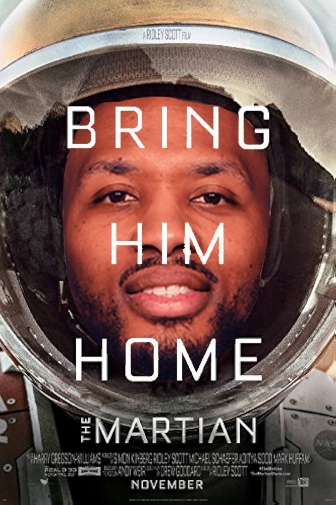 Damian Lillard photoshopped into a movie poster in an astronaut suit with the words "BRING HIM HOME" across his face.