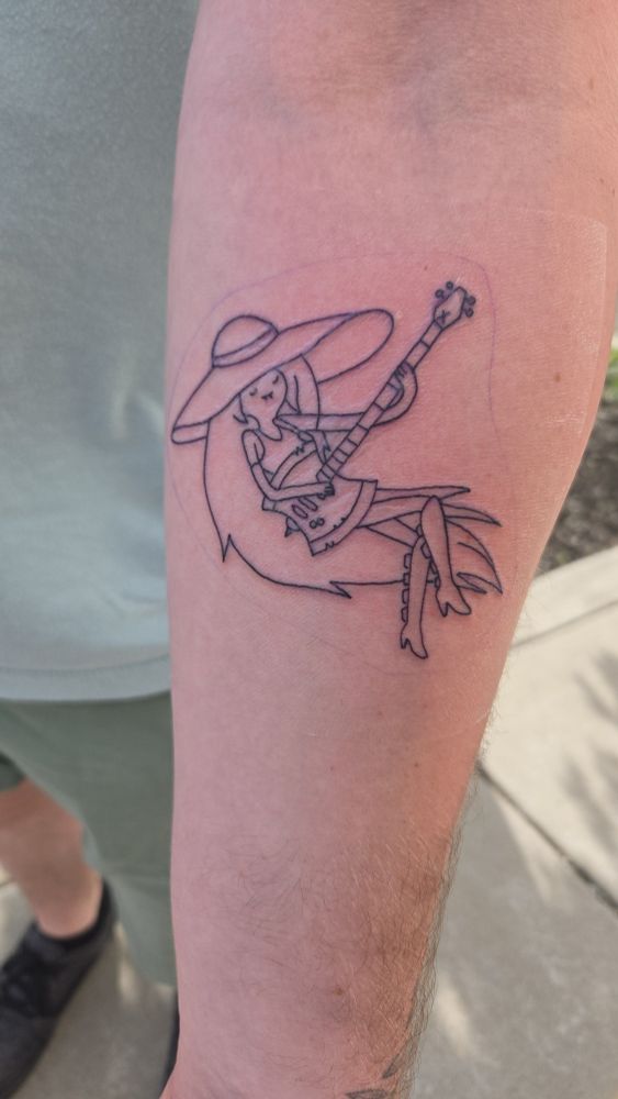 A line art tattoo of Marceline the Vanpire Queen playing her axe bass